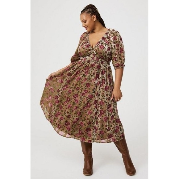 Torrid Velvet Burnout Floral Midi Women Dress 1X Coquette Fairy Whimsy Indie - Picture 2 of 16